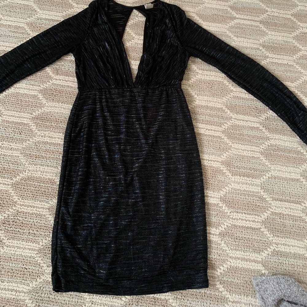 Plunging Black Metallic Long Sleeve Bodycon Dress